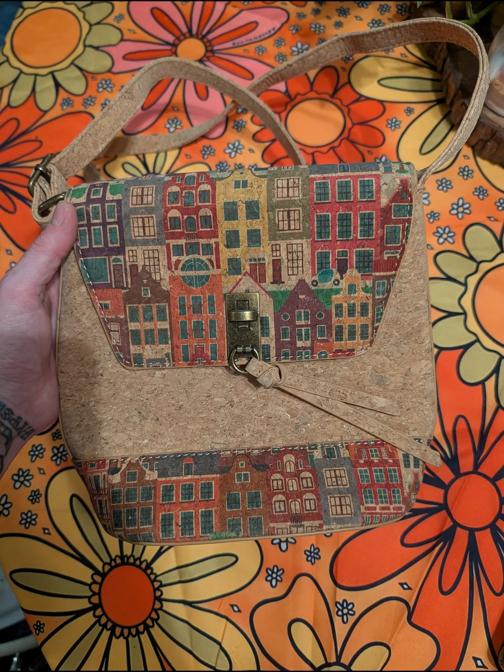 Cork Crossbody Bag with Colorful City Print